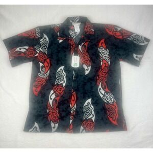Makani Hawaii Light Black Tribal Hawaiian Aloha Shirt Mens Size Large Microfiber